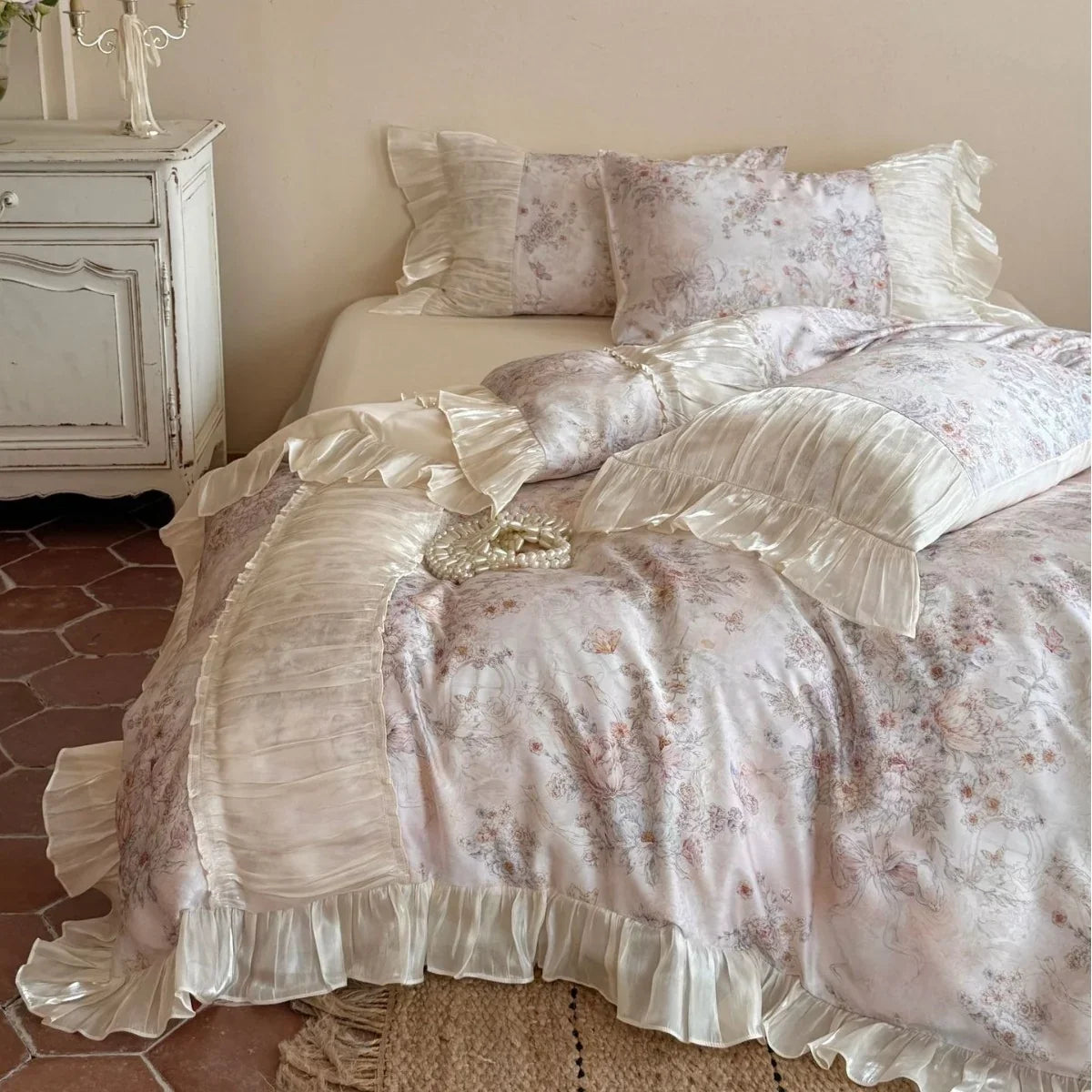 Bedding Set Vintage Floral Cotton Satin Pleated Ruffles 4-Piece