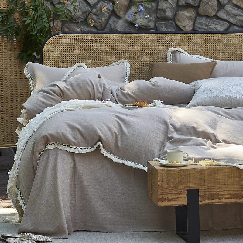 Bedding Set Washed Cotton-Linen Lace Trim Wrinkle-Resistant 4-Piece