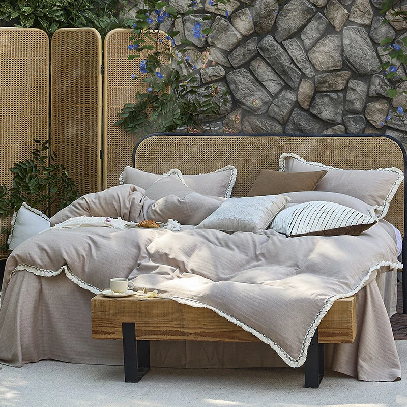 Bedding Set Washed Cotton-Linen Lace Trim Wrinkle-Resistant 4-Piece