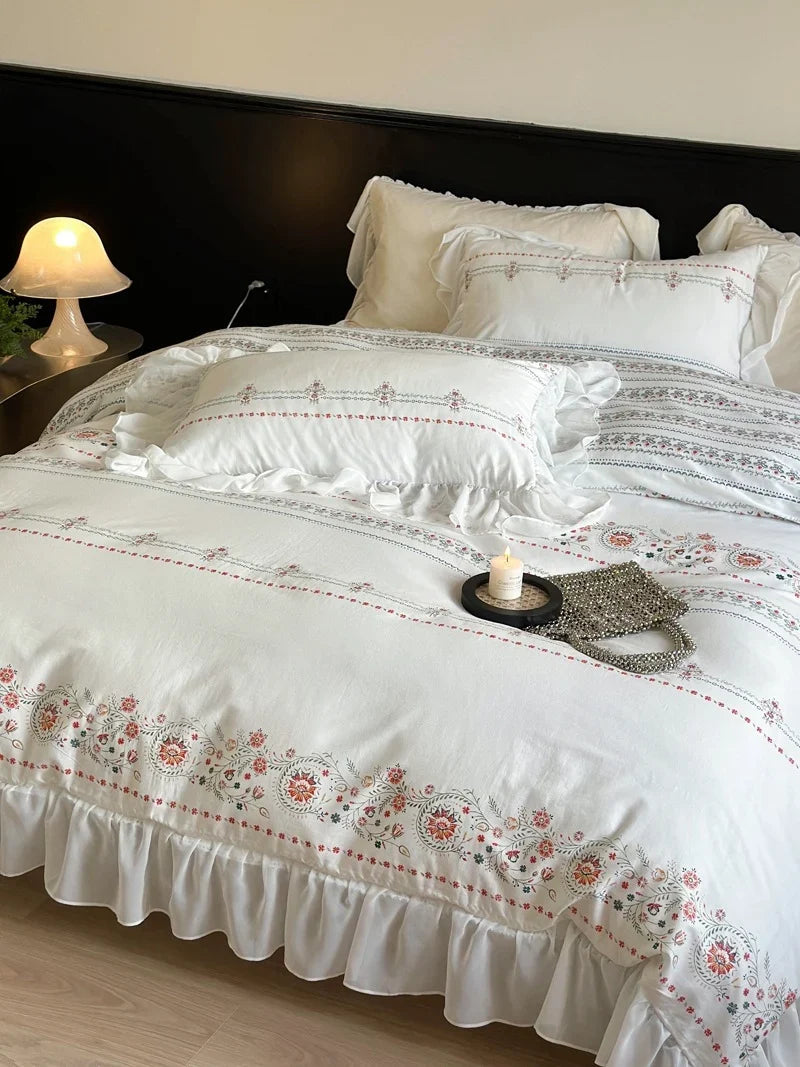 Bedding Set Washed Cotton Ruffled Edges Floral Embroidery Four-Piece