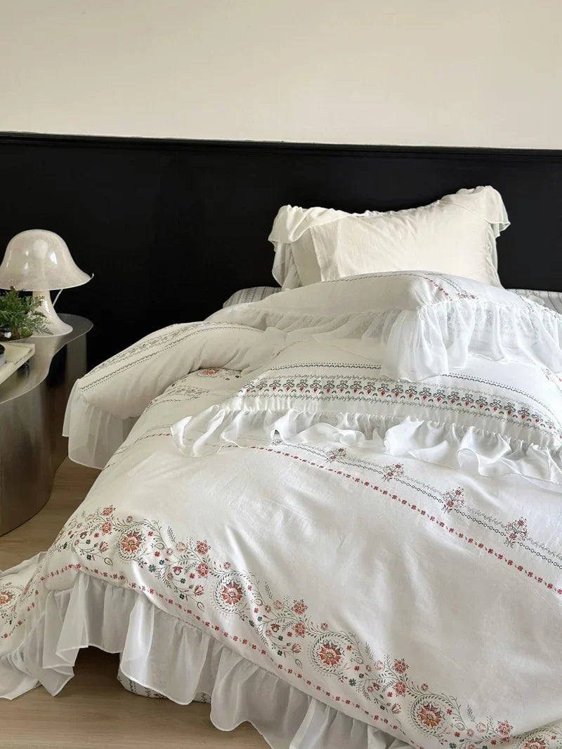 Bedding Set Washed Cotton Ruffled Edges Floral Embroidery Four-Piece