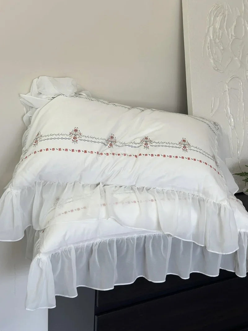 Bedding Set Washed Cotton Ruffled Edges Floral Embroidery Four-Piece