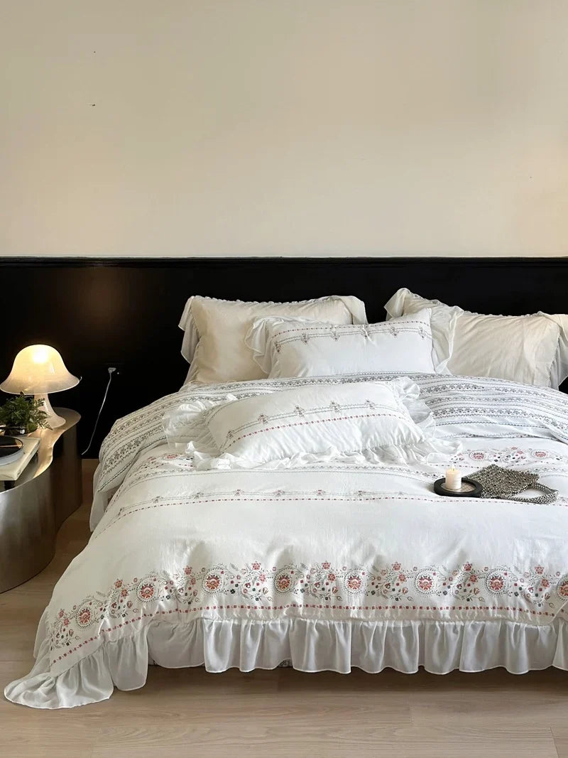 Bedding Set Washed Cotton Ruffled Edges Floral Embroidery Four-Piece