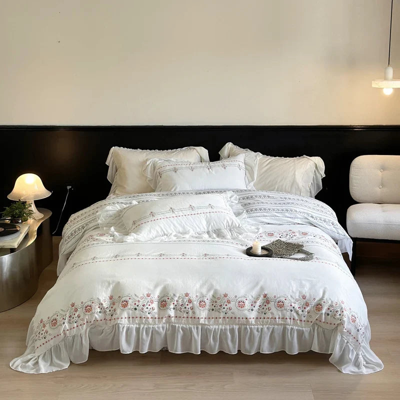 Bedding Set Washed Cotton Ruffled Edges Floral Embroidery Four-Piece