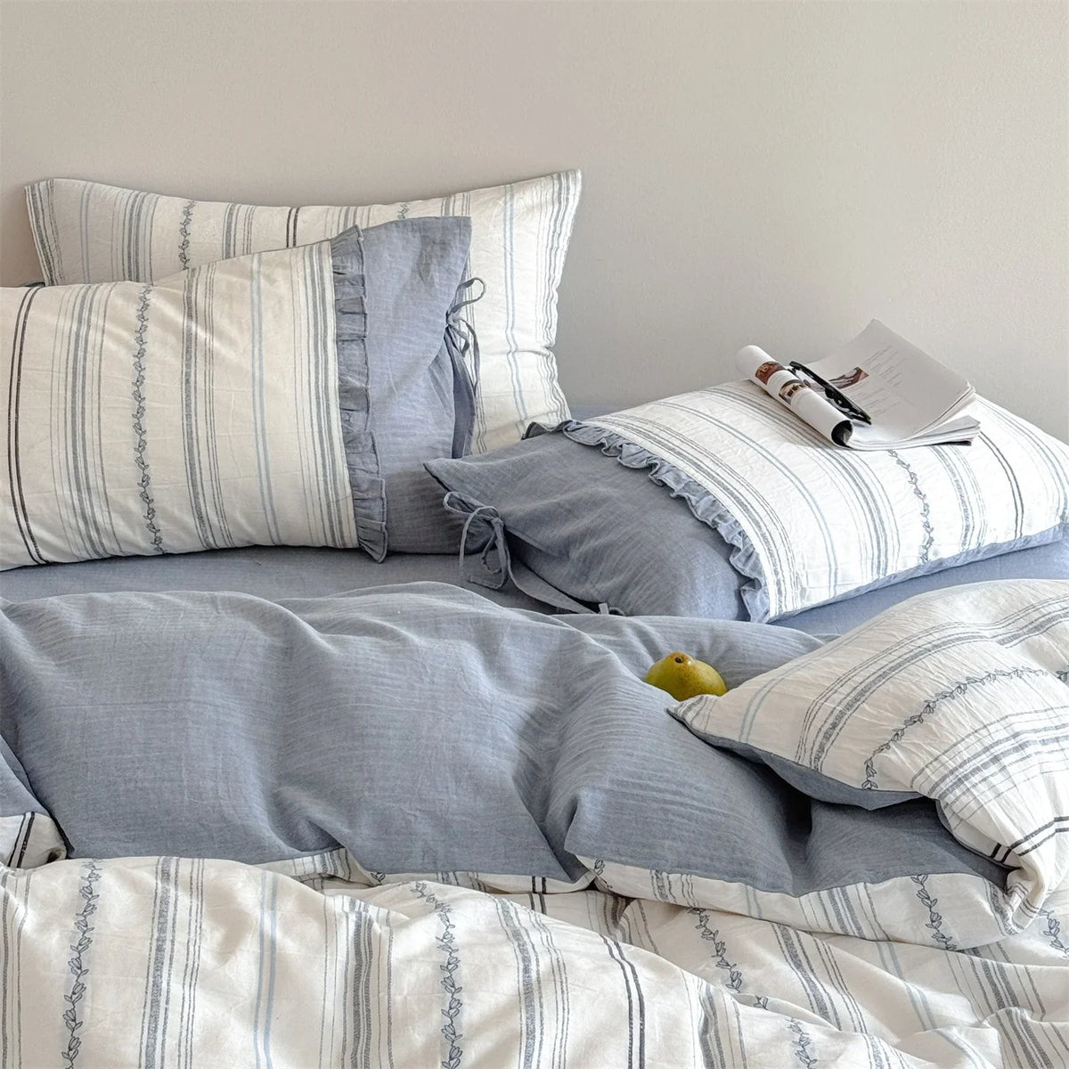 Bedding Set Washed Linen-Cotton Breathable Tie Pillowcases