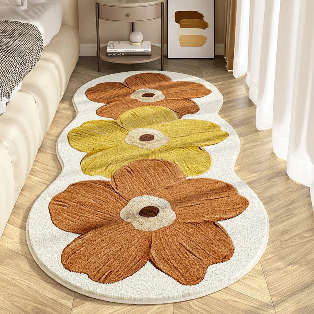 Bedroom Rug Petal-Shaped Floral Short Pile & Non-Slip Backing