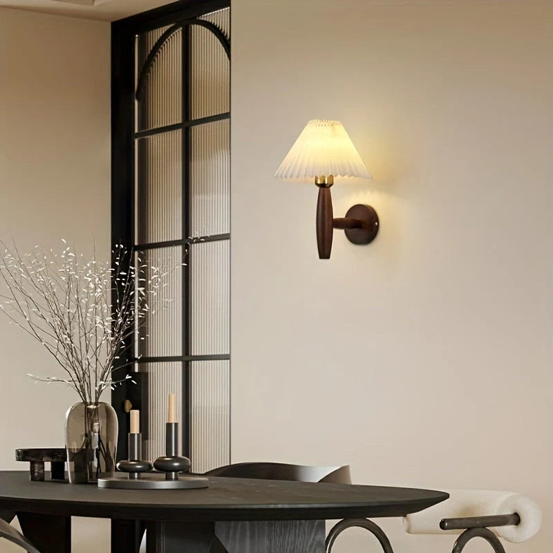Bedside Wall Sconce Pleated Fabric Shade Timber Arm