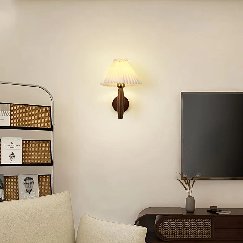 Bedside Wall Sconce Pleated Fabric Shade Timber Arm
