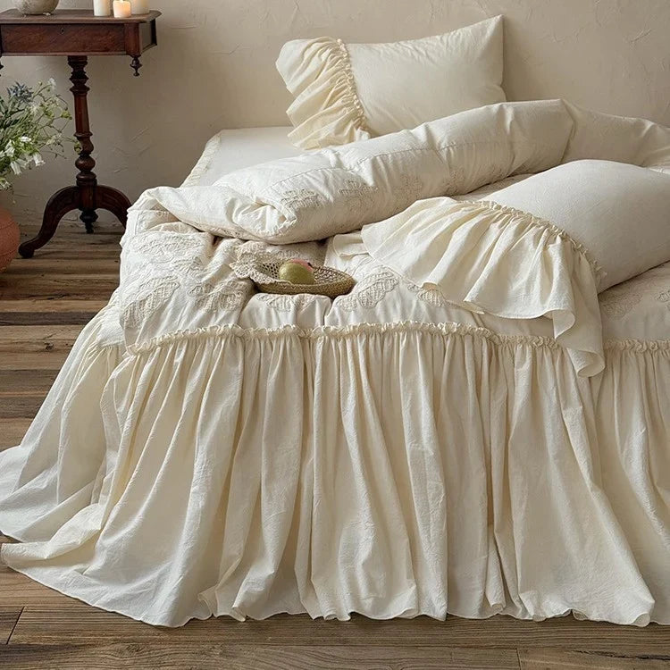 Bedspread & Bed Skirt Set Wide Ruffle Embroidery