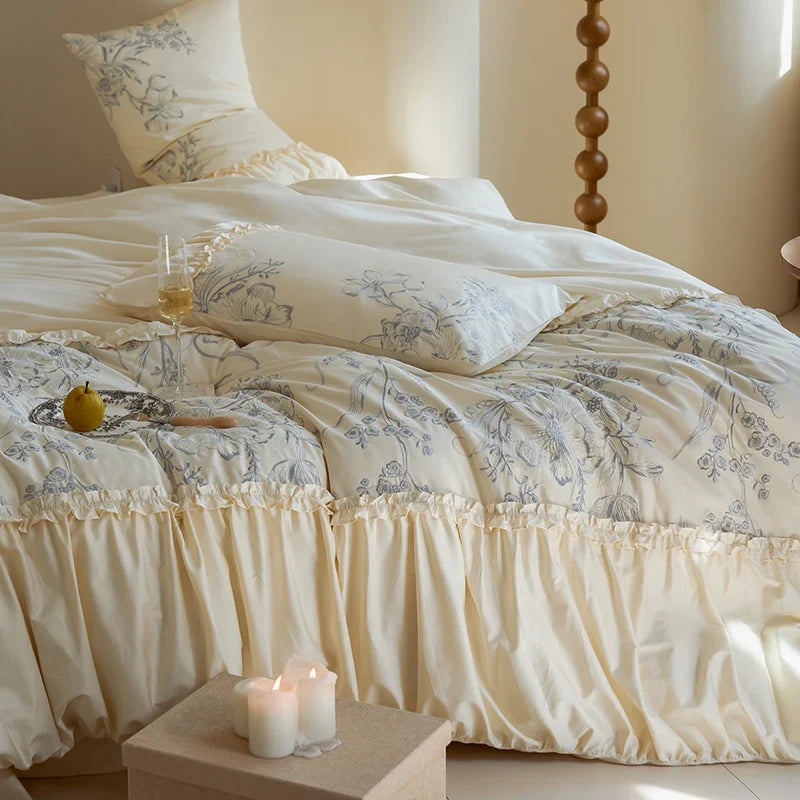 Bedspread & Pillow Set Floral Ruffle Satin-Like Cotton