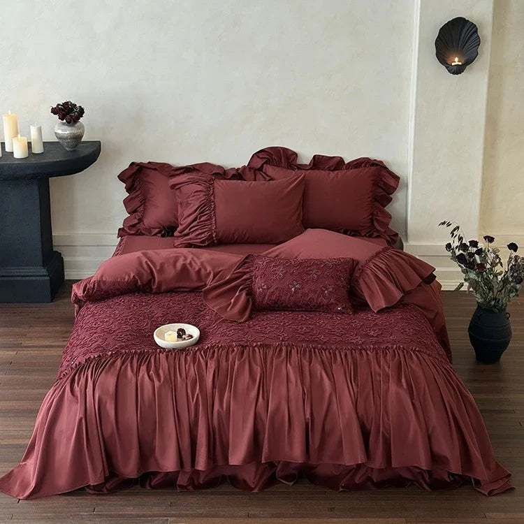 Bedspread & Pillowcase Set 3D Floral Embroidery Velvety Satin