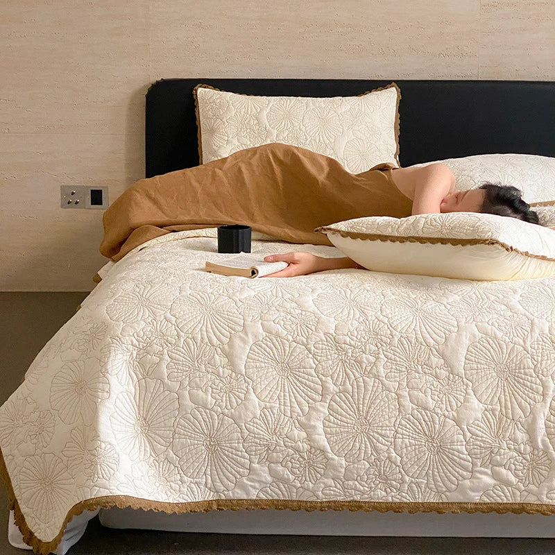 Bedspread Set Cotton-Linen Blend Continuous Floral Quilting Crocheted Edge