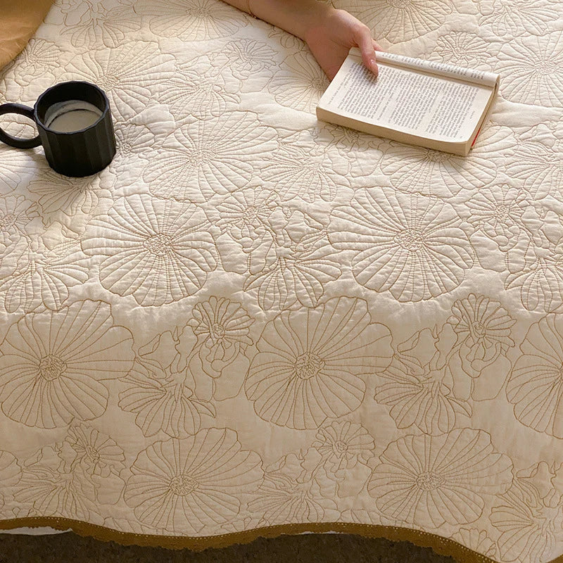 Bedspread Set Cotton-Linen Blend Continuous Floral Quilting Crocheted Edge