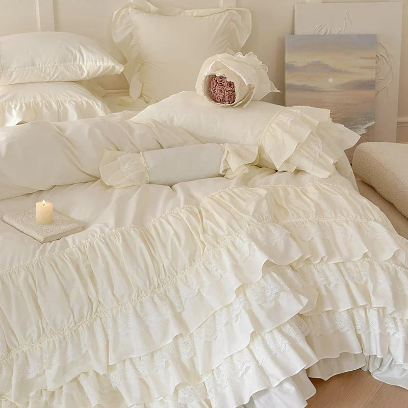 Bedspread Set Multilayered Ruffle & Lace Cotton Blend