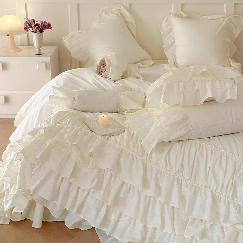 Bedspread Set Multilayered Ruffle & Lace Cotton Blend