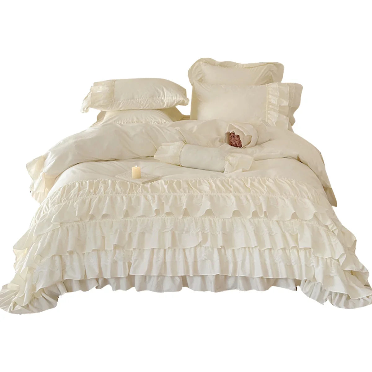 Bedspread Set Multilayered Ruffle & Lace Cotton Blend
