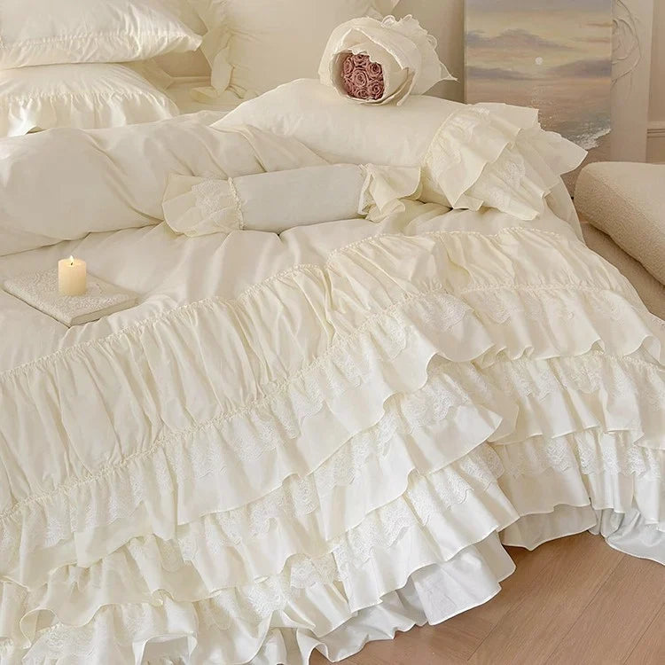 Bedspread Set Multilayered Ruffle & Lace Cotton Blend