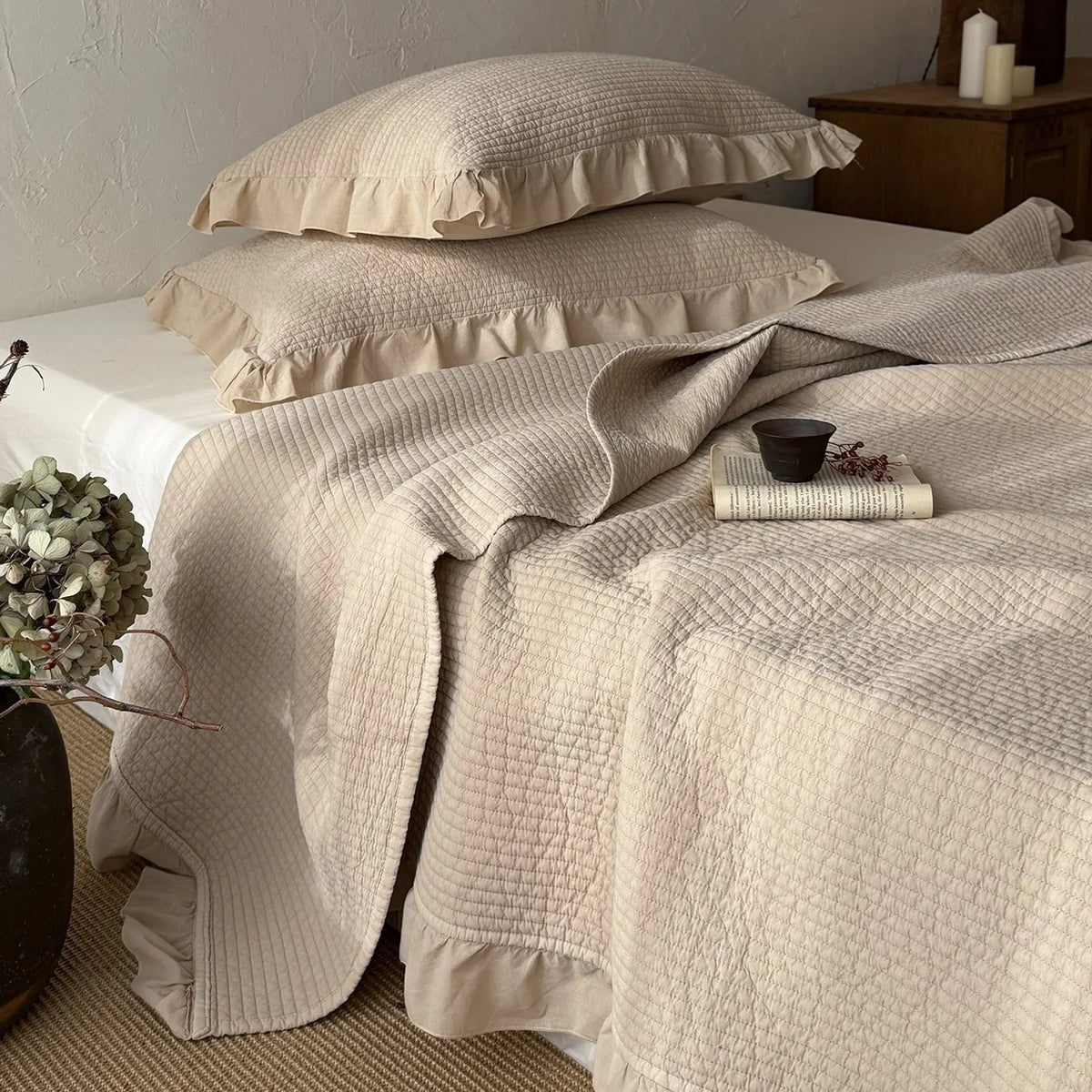 Bedspread Set Quilted Cotton Ruffled Edge With Pillowcases