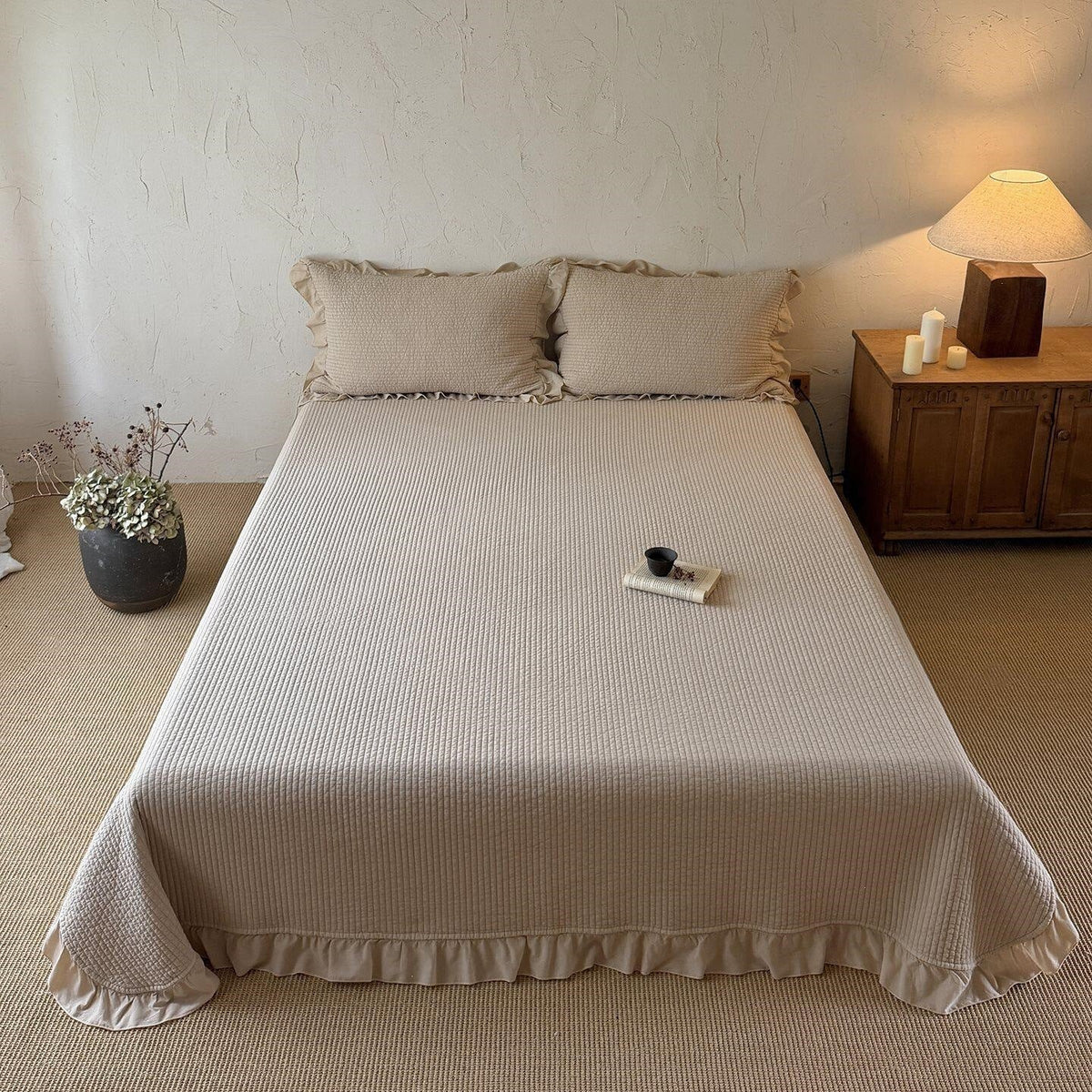 Bedspread Set Quilted Cotton Ruffled Edge With Pillowcases