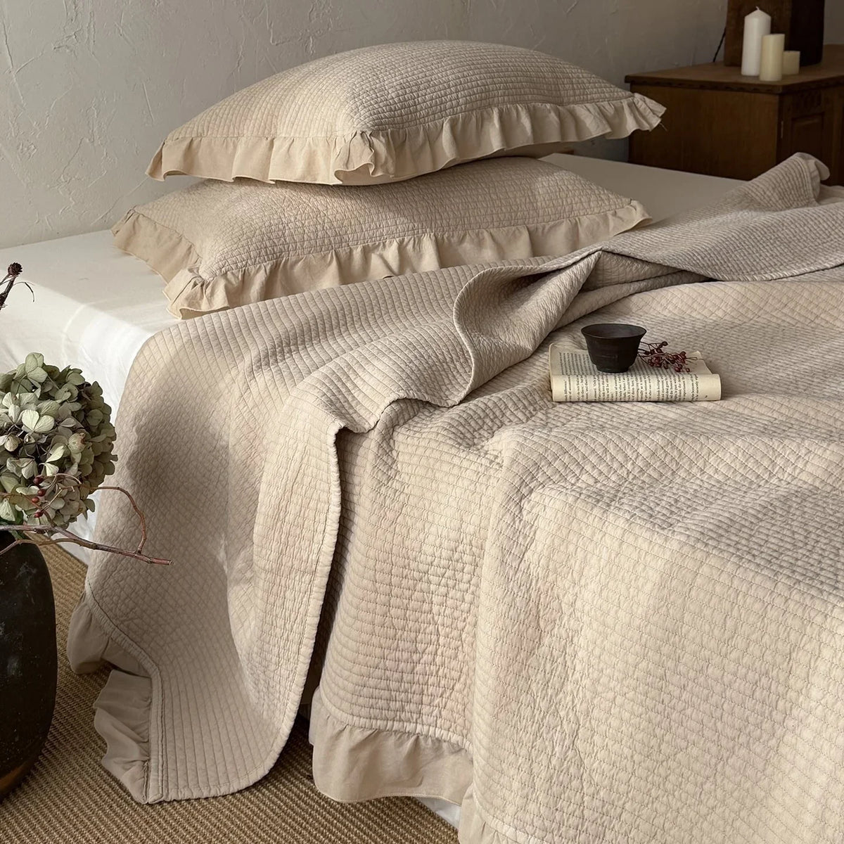 Bedspread Set Quilted Cotton Ruffled Edge With Pillowcases