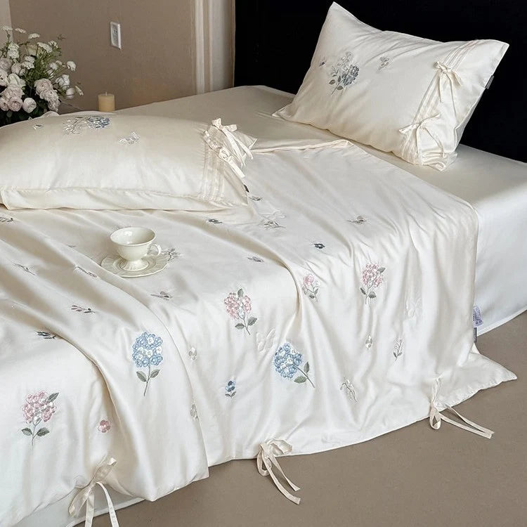 Bedspread Set Silky Satin Hand Embroidered Secure Ties