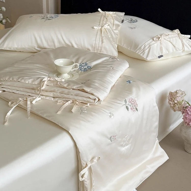 Bedspread Set Silky Satin Hand Embroidered Secure Ties