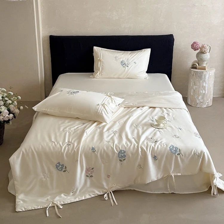 Bedspread Set Silky Satin Hand Embroidered Secure Ties