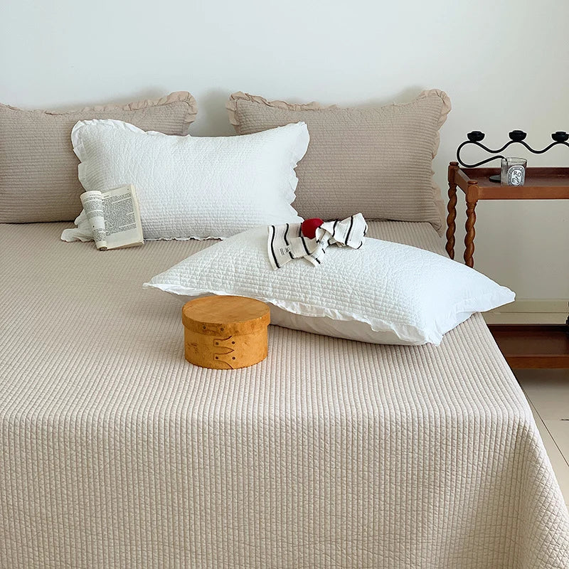 Bedspread Set Waffle Texture Ruffle Trim Quilted Pillowcase
