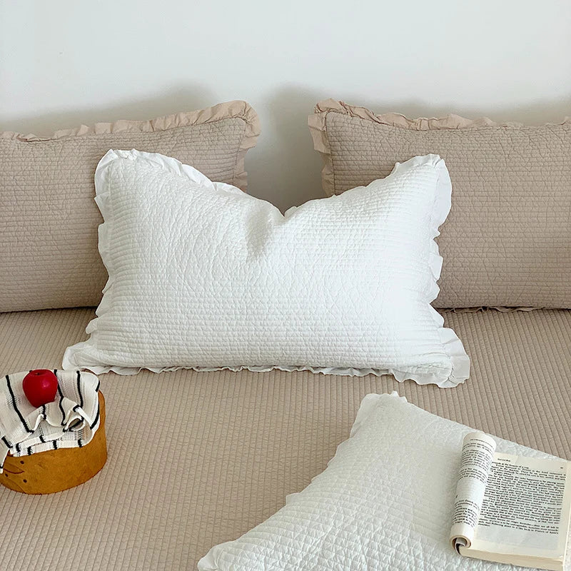 Bedspread Set Waffle Texture Ruffle Trim Quilted Pillowcase