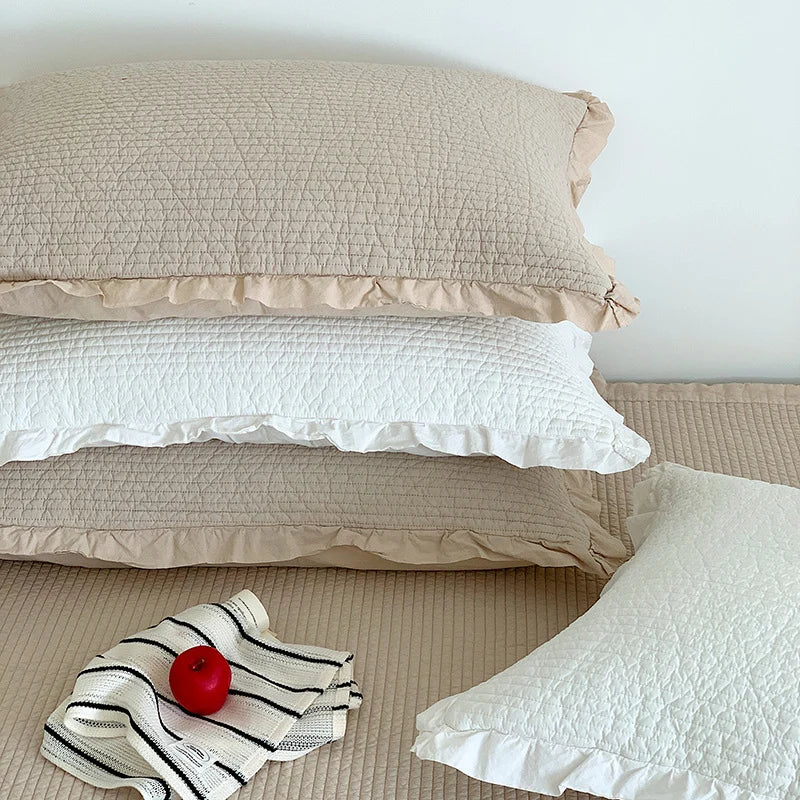 Bedspread Set Waffle Texture Ruffle Trim Quilted Pillowcase