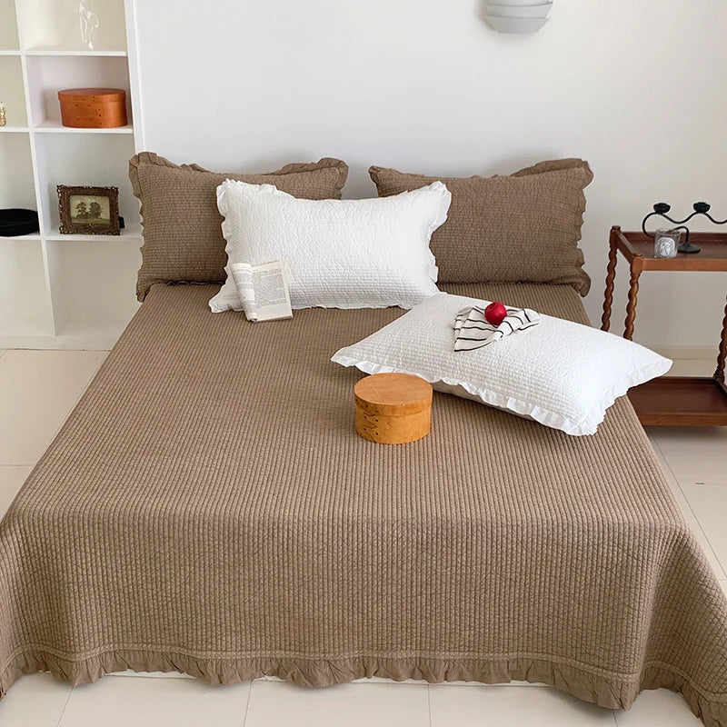 Bedspread Set Waffle Texture Ruffle Trim Quilted Pillowcase