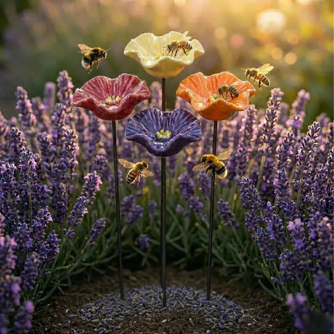 Bee Water Feeder Stakes Glazed Ceramic Flower Design