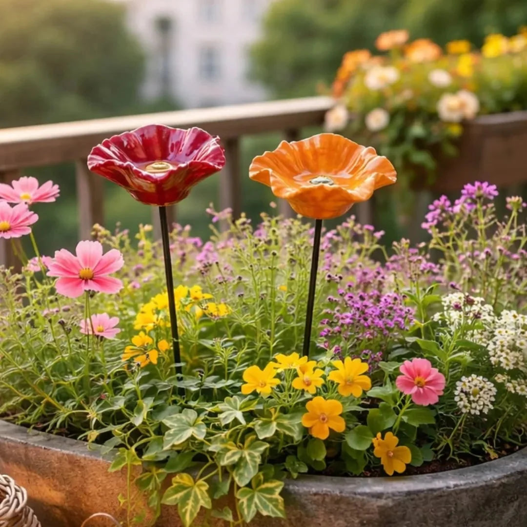 Bee Water Feeder Stakes Glazed Ceramic Flower Design