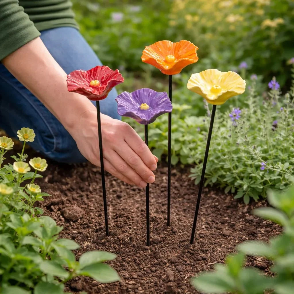 Bee Water Feeder Stakes Glazed Ceramic Flower Design