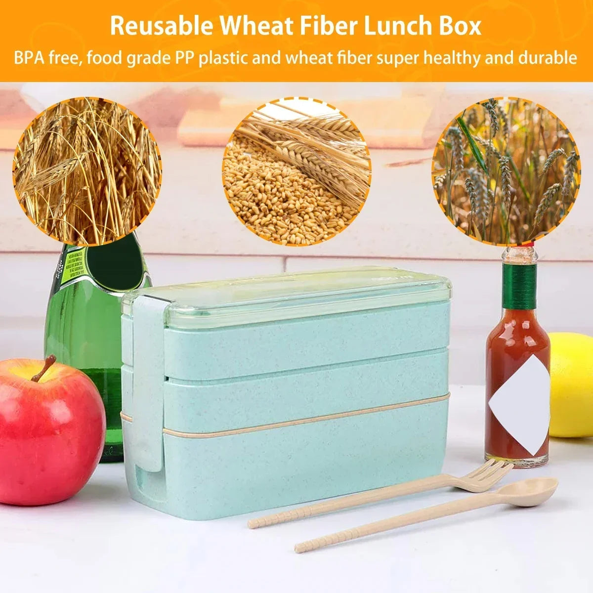 Bento Box Three-Tier Stackable Wheat Straw 900ml