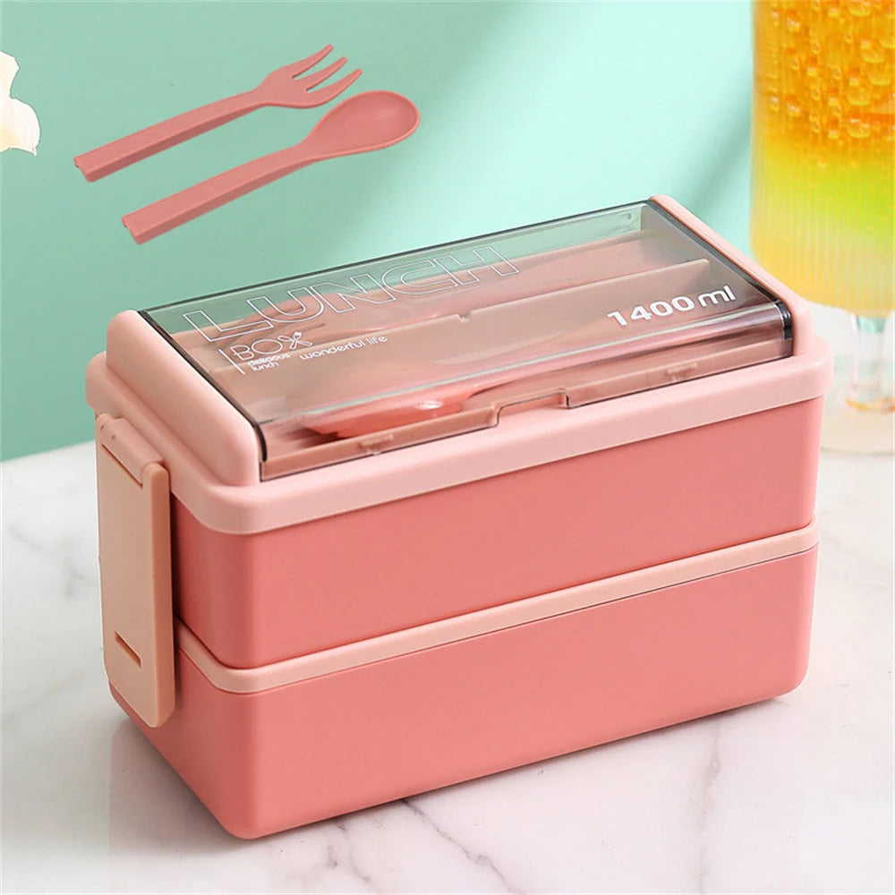 Bento Lunch Box Double-Layer Microwave Safe Fork & Spoon