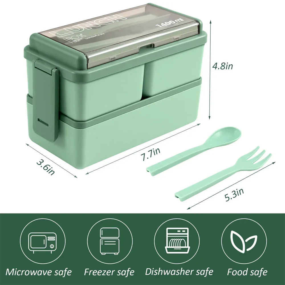 Bento Lunch Box Double-Layer Microwave Safe Fork & Spoon