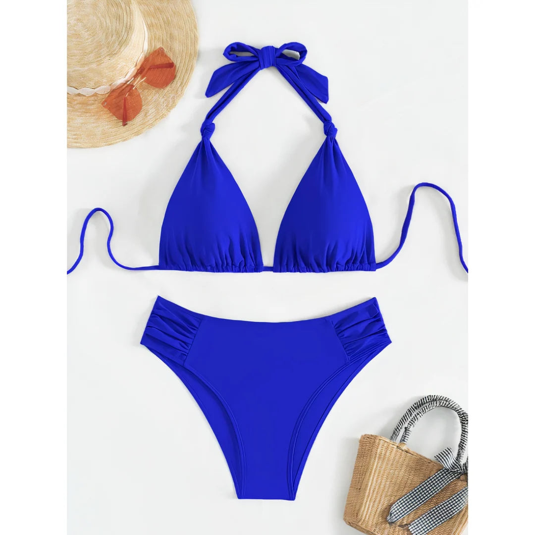 Bikini Set Triangle Halterneck Ruched Side Bottoms