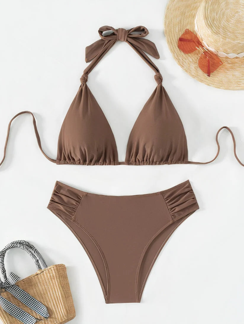 Bikini Set Triangle Halterneck Ruched Side Bottoms