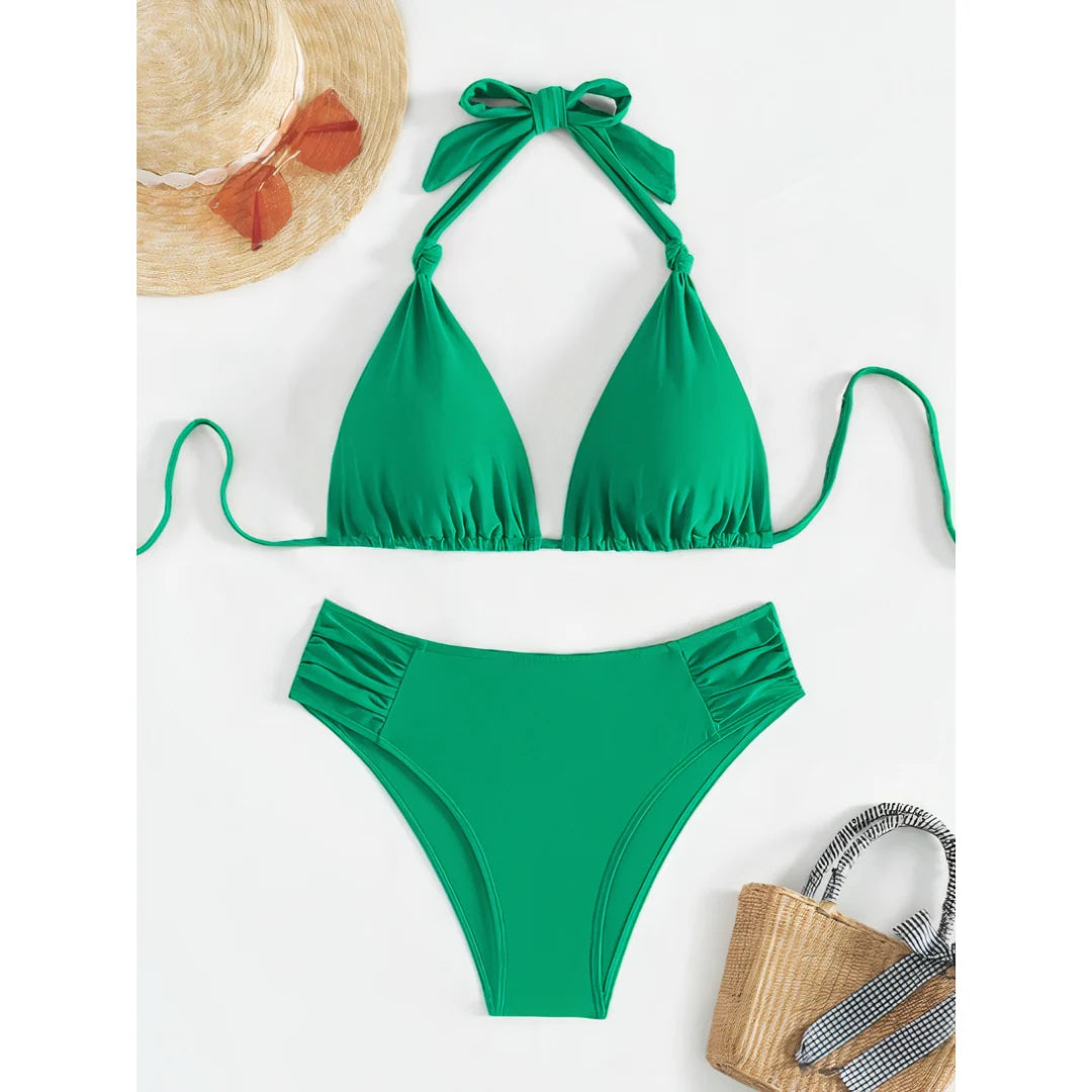 Bikini Set Triangle Halterneck Ruched Side Bottoms