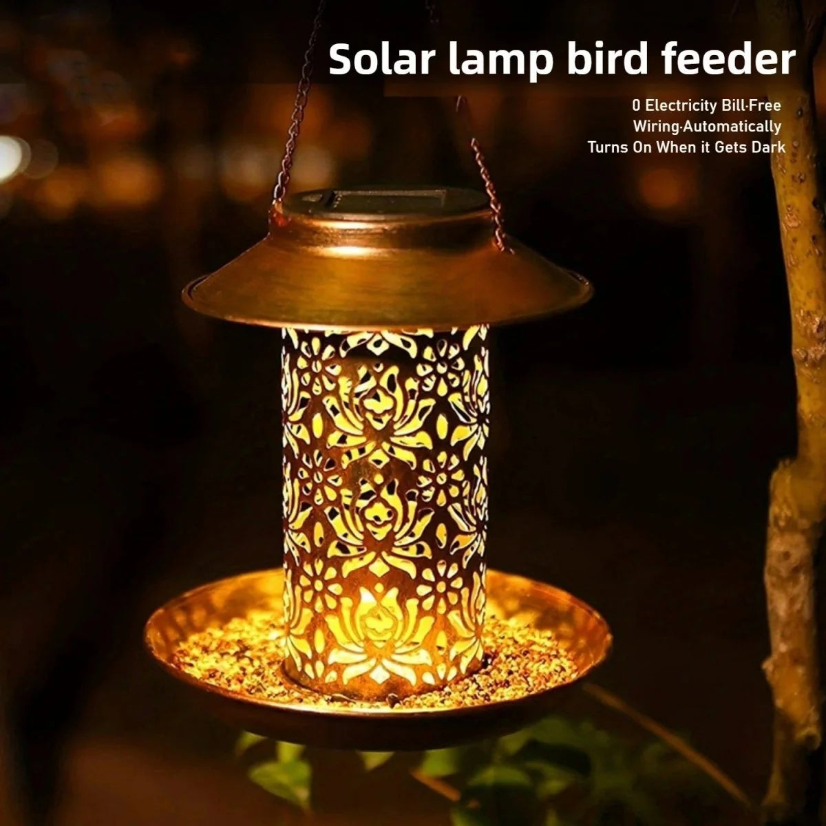 Bird Feeder Solar-Powered LED Metal Outdoor Decor