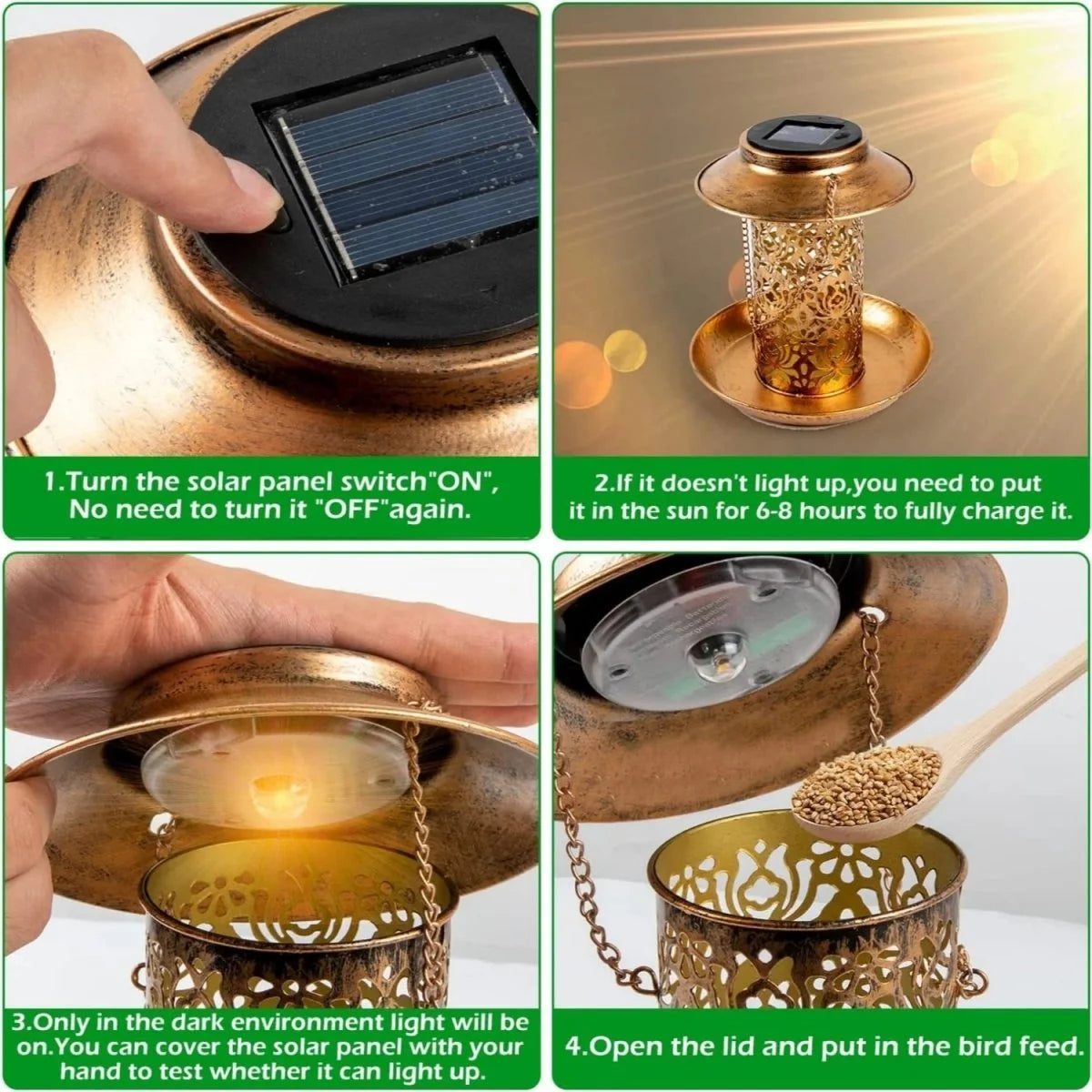 Bird Feeder Solar-Powered LED Metal Outdoor Decor