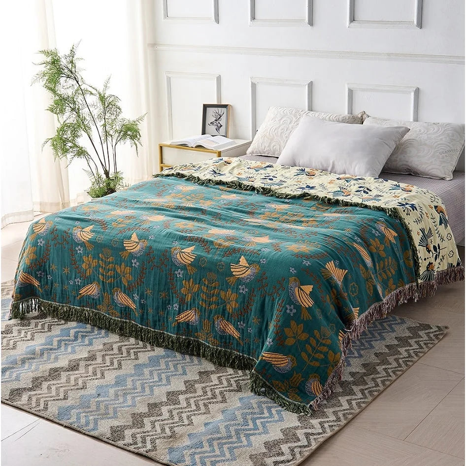 Blanket Cotton Reversible Bird & Floral Design