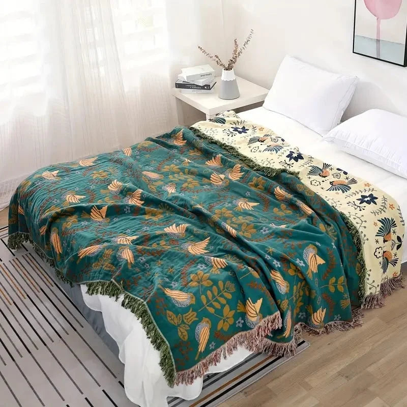 Blanket Cotton Reversible Bird & Floral Design