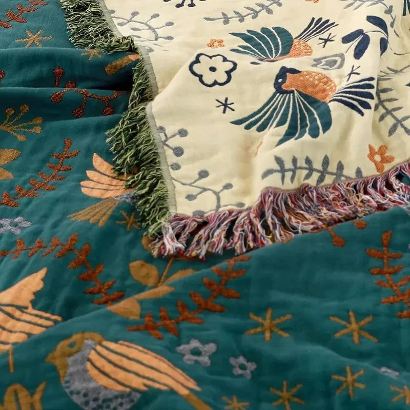 Blanket Cotton Reversible Bird & Floral Design