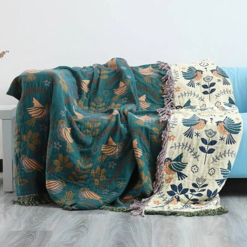 Blanket Cotton Reversible Bird & Floral Design