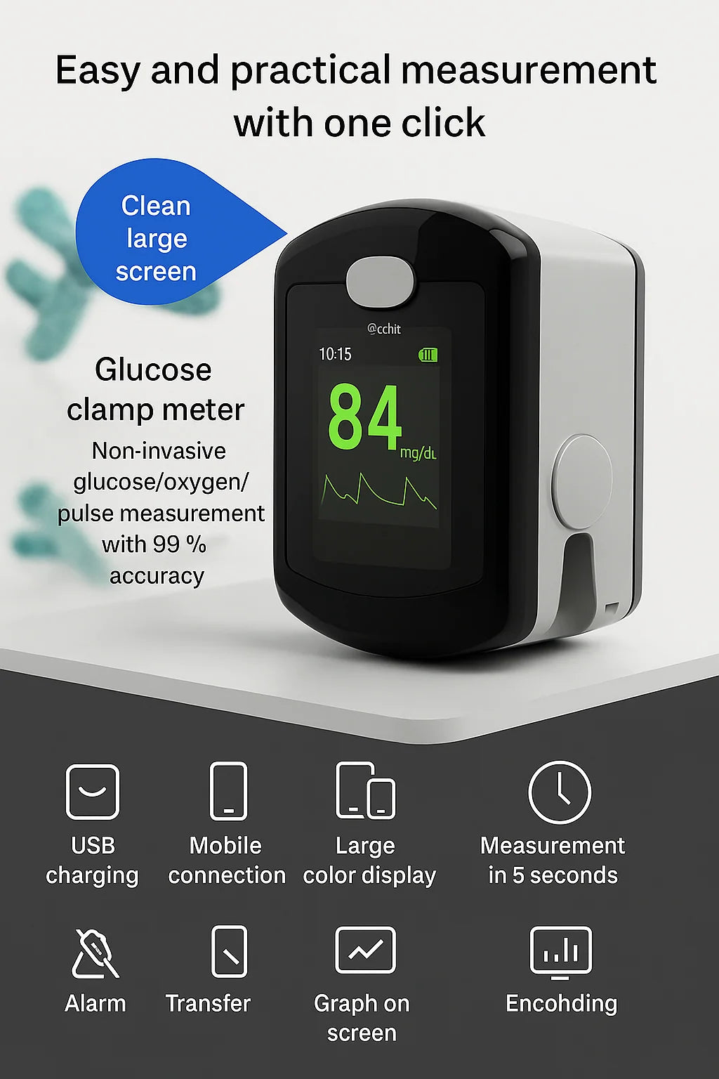 Blood Glucose Monitor Non-Invasive Digital Display 5-Second Readout