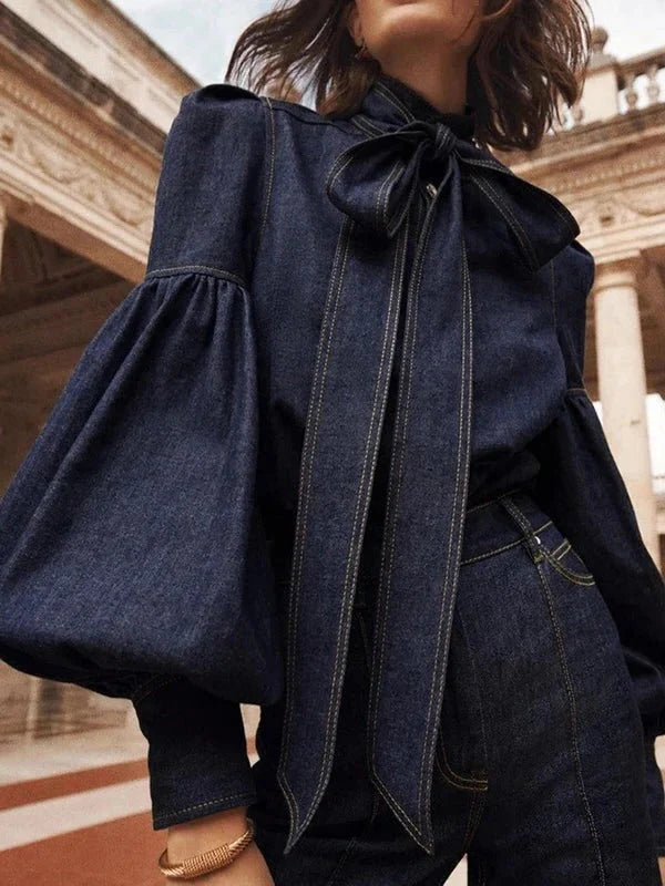 Blouse Fitted Silhouette Long Puff Sleeves Adjustable Neck Tie
