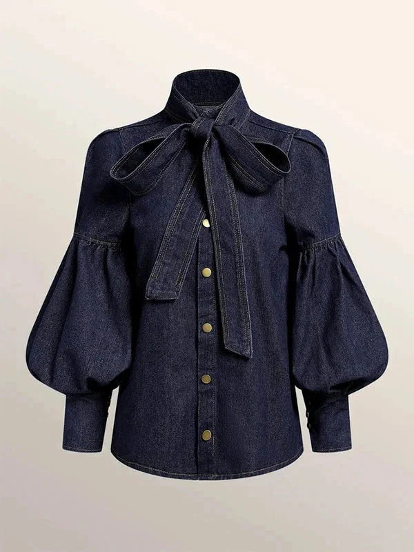 Blouse Fitted Silhouette Long Puff Sleeves Adjustable Neck Tie