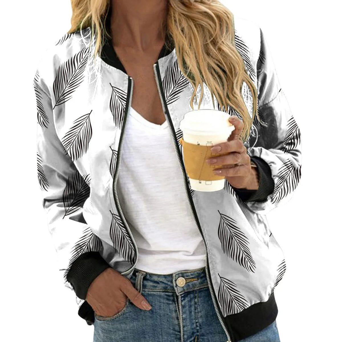 Bomber Jacket Lightweight Polyester Floral Print Relaxed Fit
